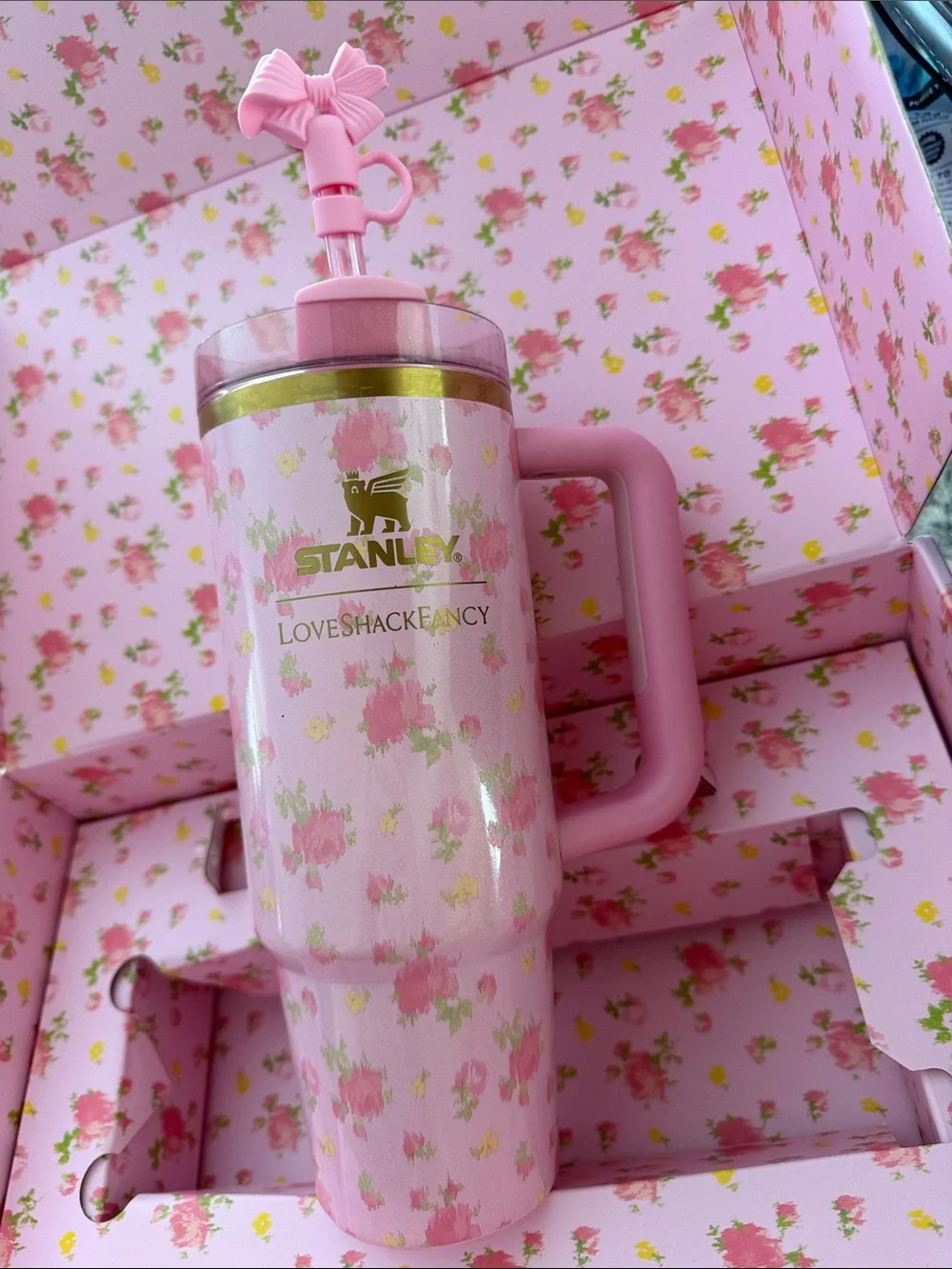 Love Shack Fancy Stanley Collab 30oz Pink Floral Tumbler with Bow Straw Topper - Picture 12 of 14
